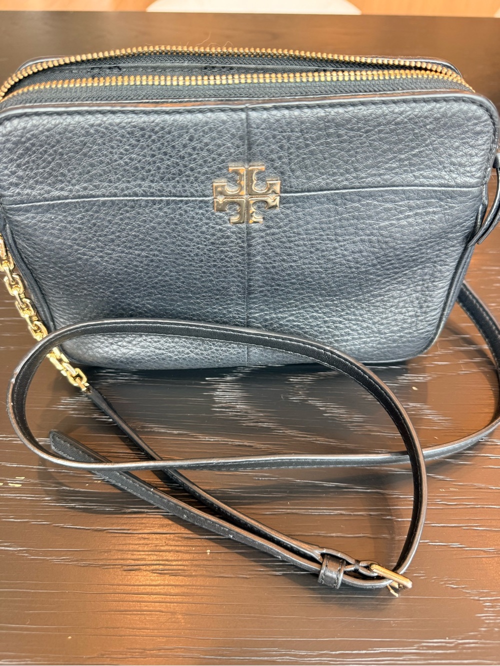 Tory Burch Black Pebbled Leather Crossbody Purse with Gold Logo